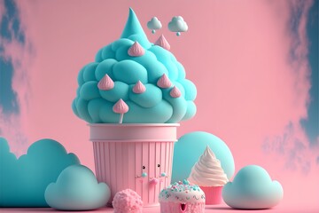 Cutes dolls and ice cream on a cotton candy land, illustration of a fantasy landscape.