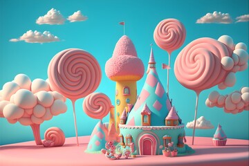 Cutes dolls and ice cream on a cotton candy land, illustration of a fantasy landscape.