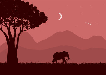 Obraz premium wildlife landscape vector illustration with a red silhouette