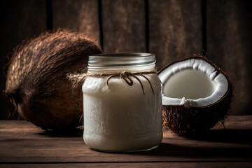 Fresh coconut oil in an open glass jar with a hardwood background. Generative AI