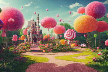 Splendid realistic high-resolution wallpaper of fantasy landscape with pink castle surrounded by pink grass and candy tree. Fairytale landscape flower in dream-like setting. . Generative AI