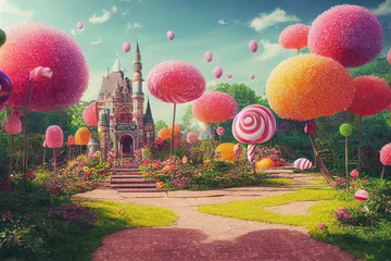 Fototapeten Splendid realistic high-resolution wallpaper of fantasy landscape with pink castle surrounded by pink grass and candy tree. Fairytale landscape flower in dream-like setting. . Generative AI © Summit Art Creations