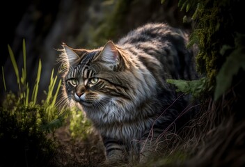 A photo of Chewie the cat hunting or stalking its prey, showcasing the feline's natural instincts and survival skills in the wild (AI)