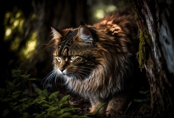 Naklejka na ściany i meble A photo of Chewie the cat hunting or stalking its prey, showcasing the feline's natural instincts and survival skills in the wild (AI) 