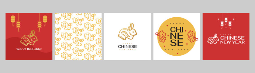 2023 Chinese New Year - year of the Rabbit poster set. Minimal and trendy poster template with cute rabbit illustration