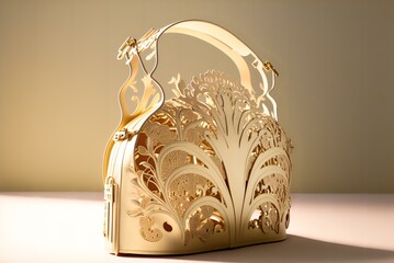 golden, 3D paper cut-out of a luxury purse on a cream background (AI Generated)