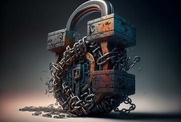 broken chain with a padlock, representing the security aspect of a compromised blockchain (AI Generated)