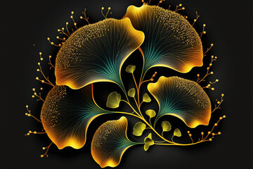 Colorful Ginkgo Leaves, Golden Wavy Lines, Golden Gots, Background, Wall Art - Generated AI