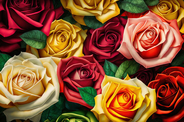 Fototapeta na wymiar Many Verious Red Yellow Pink Roses, Valentine, Background, Wall Art - Generated AI
