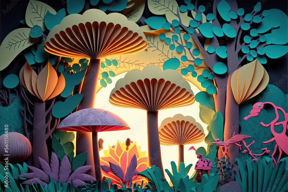 Wall mural background with landscape of a beautiful fairy tale tropical forest all made of paper, cut out and c