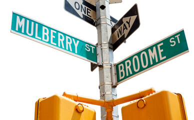 The street signs at the corner of Mulberry and Broome Streets in the Little Italy section of Lower Manhattan. Transparent background. - obrazy, fototapety, plakaty