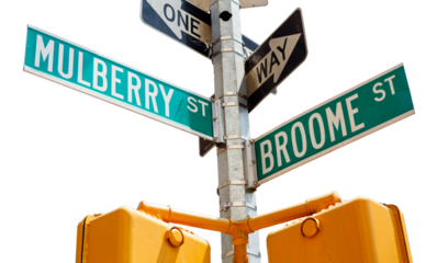 The street signs at the corner of Mulberry and Broome Streets in the Little Italy section of Lower Manhattan. Transparent background.