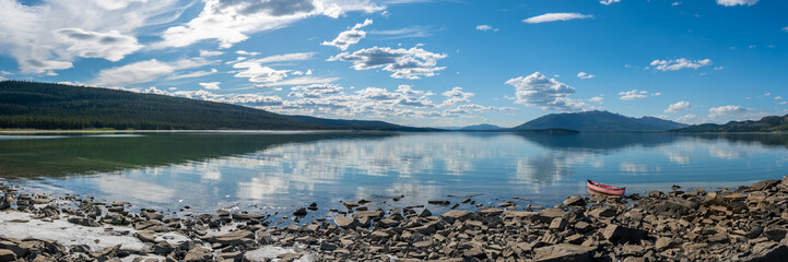 Stunning panoramic mountain and lake vews in northern Canada during summer time. 