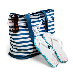 Beach accessories in bag. Summer vacations.