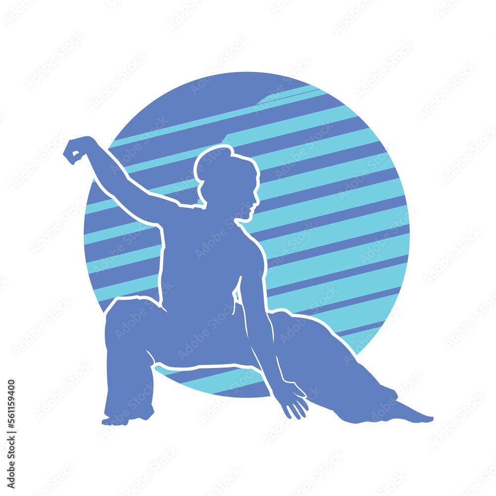 Wall mural Silhouette of a blue male martial arts athlete with his hair in a bun. shirtless and armless.