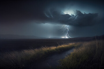 Lightning Strike in the distance rolling hills night scene long exposure - Powered by Adobe