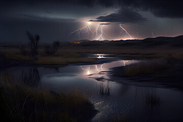 Reflection of Lightning Strike in the distance rolling hills night scene long exposure
