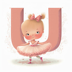 Cute letter U, Children's book, Ballerina theme, Generative AI