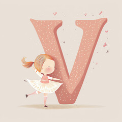 Cute letter V, Children's book, Ballerina theme, Generative AI