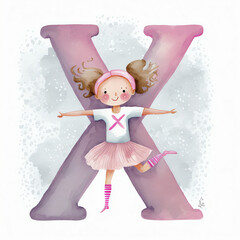 Cute letter X, Children's book, Ballerina theme, Generative AI