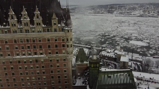 Qu&eacute;bec- Ch&acirc;teau Frontenac, Old Town Rooftops and Chimneys Flyover