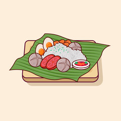 Detailed rice, meatball, egg with tomato on wooden plate illustration for food icon