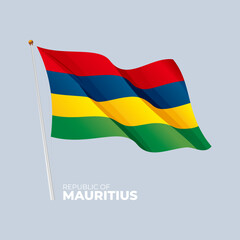 Mauritius national flag waving at the flagpole. Vector 3D