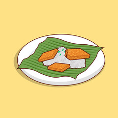 Detailed nasi lemak and tempe on wooden plate illustration for food icon