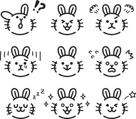 うさぎ　表情　アイコン　セット　モノクロ