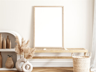 Frame and poster mockup in boho style interior. 3d rendering, 3d illustration