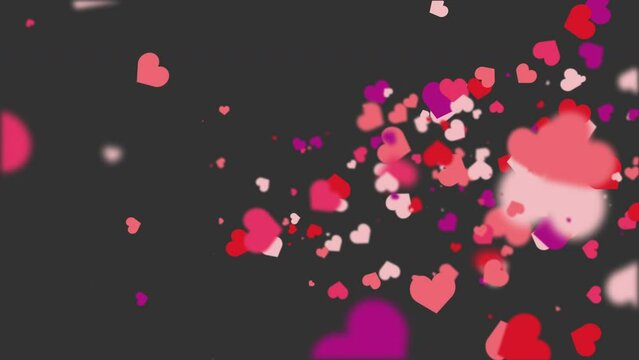 Flying romantic red hearts of different sizes. Animated abstract dark gray background. Looped video. Concept for valentine's day, wedding.
