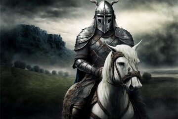 Celtic knight in armor with horse, battlefield in background.. Generative AI
