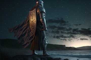 Celtic knight in armor, battlefield in background.. Generative AI - obrazy, fototapety, plakaty