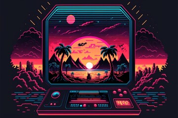 Old video game console with landscape in the background, 16 bit pixel art. Digital illustration. AI