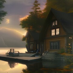 Lakefront cottage. Landscape. Generative AI