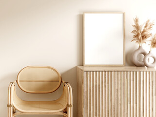Frame and poster mockup in boho style interior. 3d rendering, 3d illustration