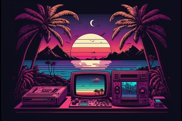 Old video game console with landscape in the background, 16 bit pixel art. Digital illustration. AI