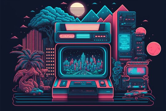 Old video game console with landscape in the background, 16 bit pixel art. Digital illustration. AI
