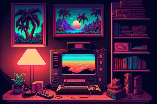 Old video game console with landscape in the background, 16 bit pixel art. Digital illustration. AI