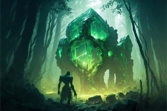 Green crystal temple in the middle in the forest, green fog. Generative AI
