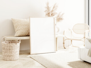 Frame and poster mockup in boho style interior. 3d rendering, 3d illustration