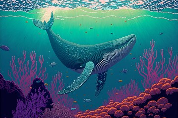 Whale under the ocean with corals and fish, pixel style. Generative AI