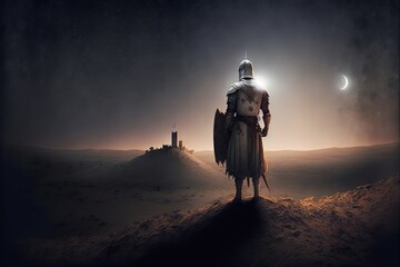 Knight Templar from the back with desert in the background. Generative AI