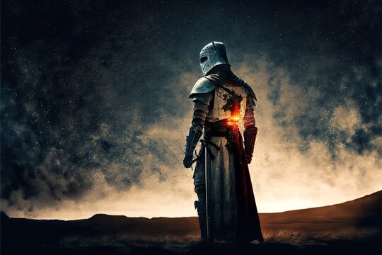 Knight Templar from the back with desert in the background. Generative AI