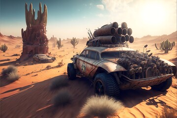 Rusty and deteriorated custom car in the desert, cacti and monyanha in the background. Digital illustration. AI