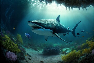 Megalodon shark under the ocean, corals and fish, marine life. Digital illustration. AI