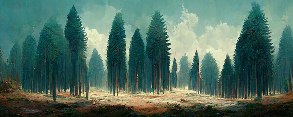 Pine forest landscape, oil painting style. Digital illustration. AI
