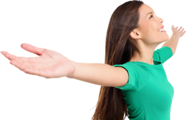 Free happy elated woman with arms out raised up in serene joyful pose. Girl in green shirt isolated in transparent PNG in studio. Mixed race Asian Caucasian female model.