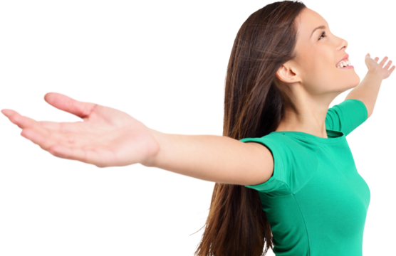 Free happy elated woman with arms out raised up in serene joyful pose. Girl in green shirt isolated in transparent PNG in studio. Mixed race Asian Caucasian female model. - Powered by Adobe