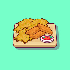 Indonesian food tempe, bakwan and chili vector